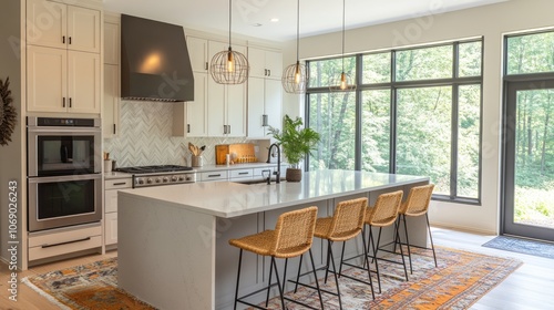 Modern Kitchen Island with Wicker Stools and Natural Light