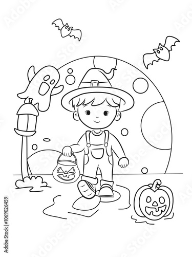 coloring page of a boy holding pumpkin bucket with ghost and bat