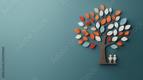 Tree with colorful, illustrated leaves showing family names, ancestry focus
