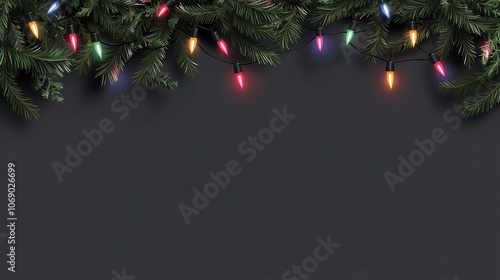 String of repeating colorful christmas lights on the top of the screen, on a solid dark gray background, intertwined occasionally with pine garland