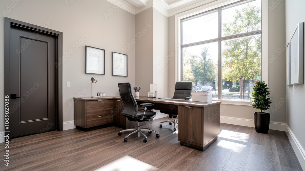 A modern office space featuring sleek desk, ergonomic chair, and large windows allowing natural light to illuminate room. minimalist design creates professional atmosphere A modern office space featuring sleek desk, ergonomic chair, and large windows allowing natural light to illuminate room. minimalist design creates professional atmosphere