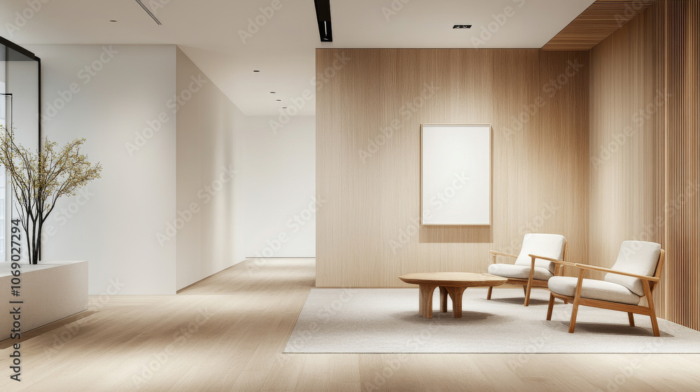 Fototapeta premium A modern interior design featuring minimalist lounge area with two chairs and round table. warm wood tones and soft lighting create serene atmosphere