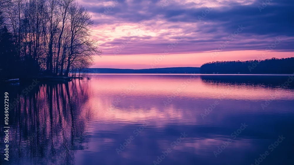 Serene lake at sunset with reflections and tree silhouetted against a colorful sky. Serene lake at sunset with reflections and tree silhouetted against a colorful sky.