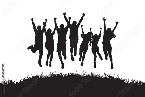 Silhouette of young people jumping in the air, celebrating together.