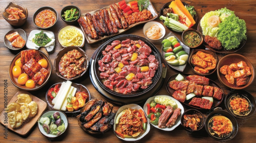 Fototapeta premium A vibrant Korean BBQ spread with sizzling meat, colorful vegetables, and traditional side dishes arranged on a wooden table, perfect for food photograph