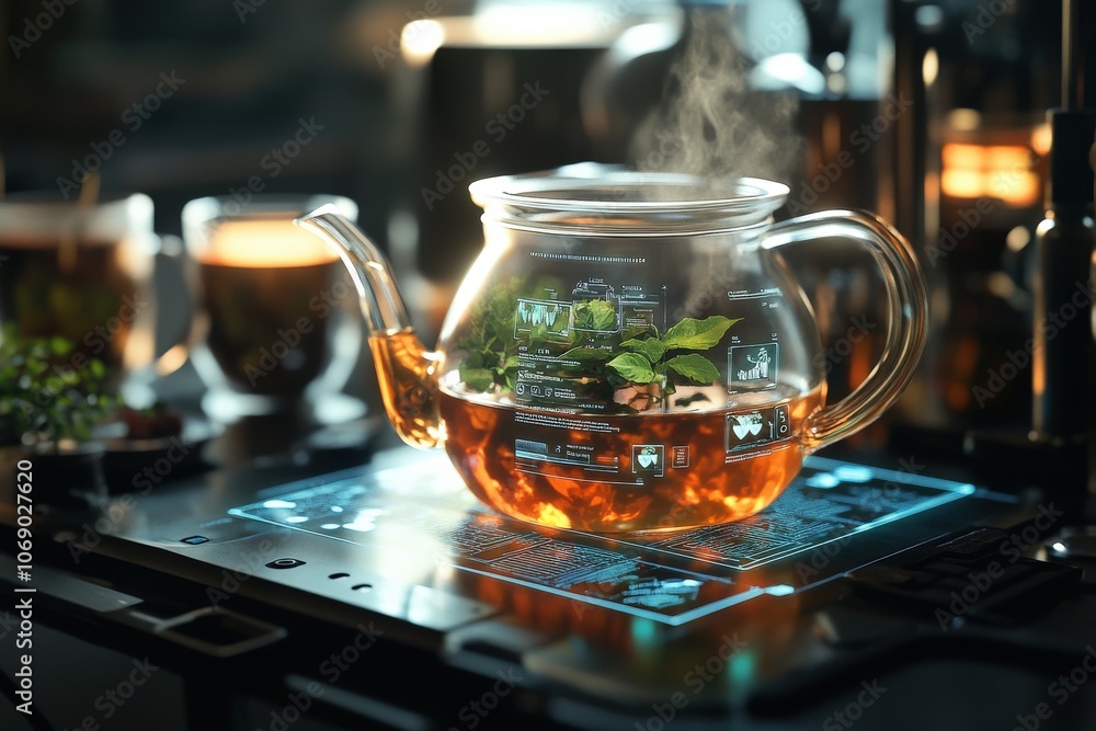 A futuristic scene of a digital smart tea kettle brewing a cup of antioxidant-rich tea, with holographic displays showing the health benefits. F A futuristic scene of a digital smart tea kettle brewing a cup of antioxidant-rich tea, with holographic displays showing the health benefits. F