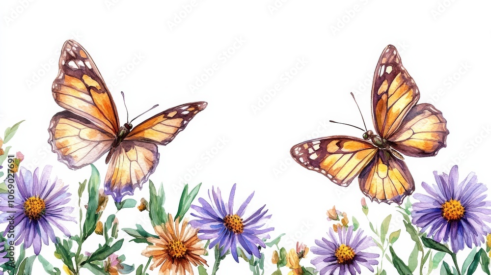Butterflies and Flowers in Watercolor Style Butterflies and Flowers in Watercolor Style