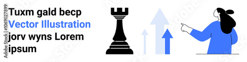 Chess rook symbolizing strategy, ascending arrows indicating growth, and person pointing for direction. Ideal for business plans, marketing strategies, financial growth, strategic planning