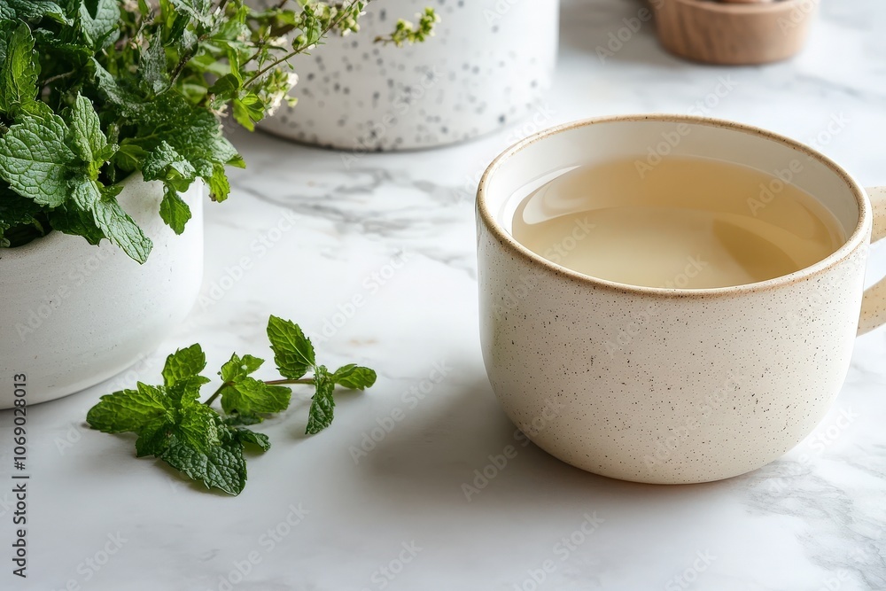 A minimalist scene of a cup of peppermint tea with a sprig of fresh mint on a marble countertop, focusing on simplicity and freshness. A minimalist scene of a cup of peppermint tea with a sprig of fresh mint on a marble countertop, focusing on simplicity and freshness.