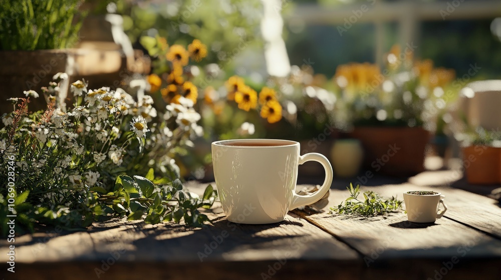 A rustic outdoor scene featuring a cup of herbal tea on a wooden table, with fresh herbs and flowers around, highlighting the connection to nature. A rustic outdoor scene featuring a cup of herbal tea on a wooden table, with fresh herbs and flowers around, highlighting the connection to nature.