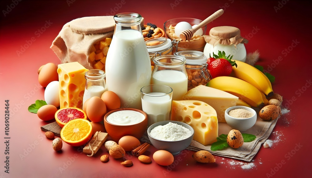 Fototapeta premium dairy products, milk cottage cheese yogurt yoghurt butter sour cream , on a horizontal red background