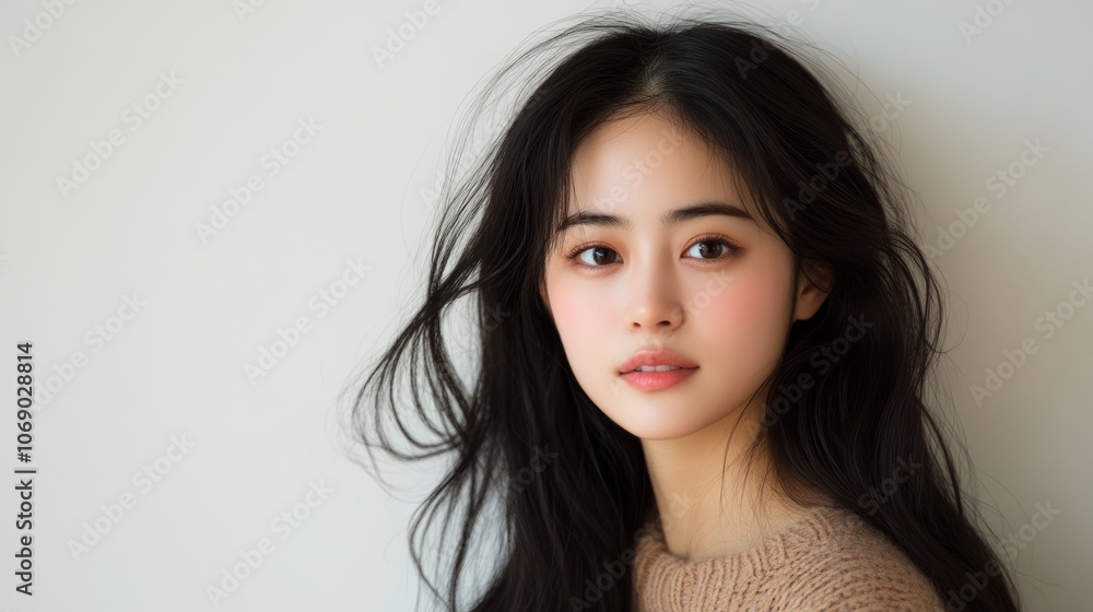 Beautiful Young Woman Portrait Long Black Hair Soft Makeup Neutral Background Beautiful Young Woman Portrait Long Black Hair Soft Makeup Neutral Background