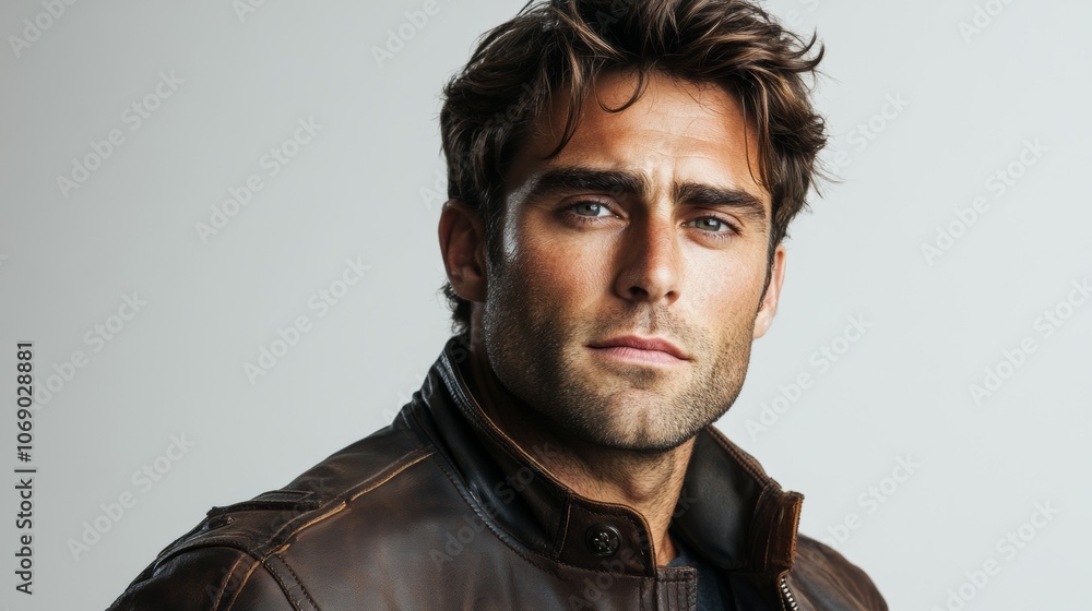 Obraz premium Handsome Man Brown Leather Jacket Studio Portrait