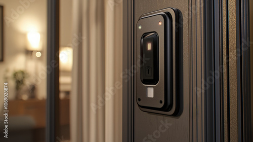 Modern smart door lock installed on a wooden door in a stylish hallway at dusk