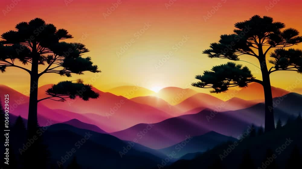 Mountain landscape with silhouettes of trees on zakat Mountain landscape with silhouettes of trees on zakat