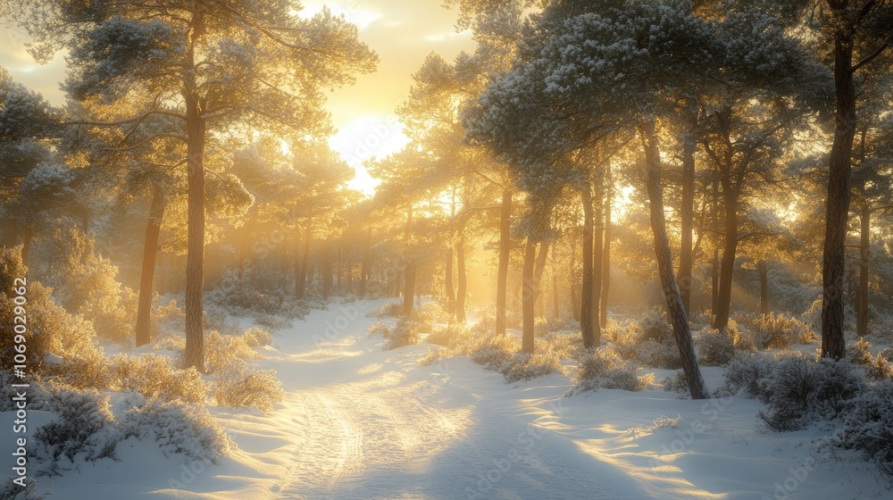 Sunlit Winter Forest Path Snow Covered Trees Golden Hour Sunrise Sunlit Winter Forest Path Snow Covered Trees Golden Hour Sunrise