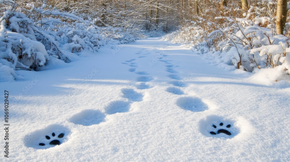 Winter Wonderland Snow Covered Path with Animal Tracks Winter Wonderland Snow Covered Path with Animal Tracks