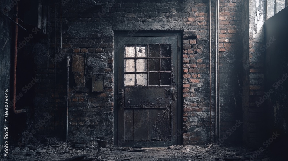 A weathered door in a dimly lit, abandoned industrial space, evoking mystery and decay. A weathered door in a dimly lit, abandoned industrial space, evoking mystery and decay.