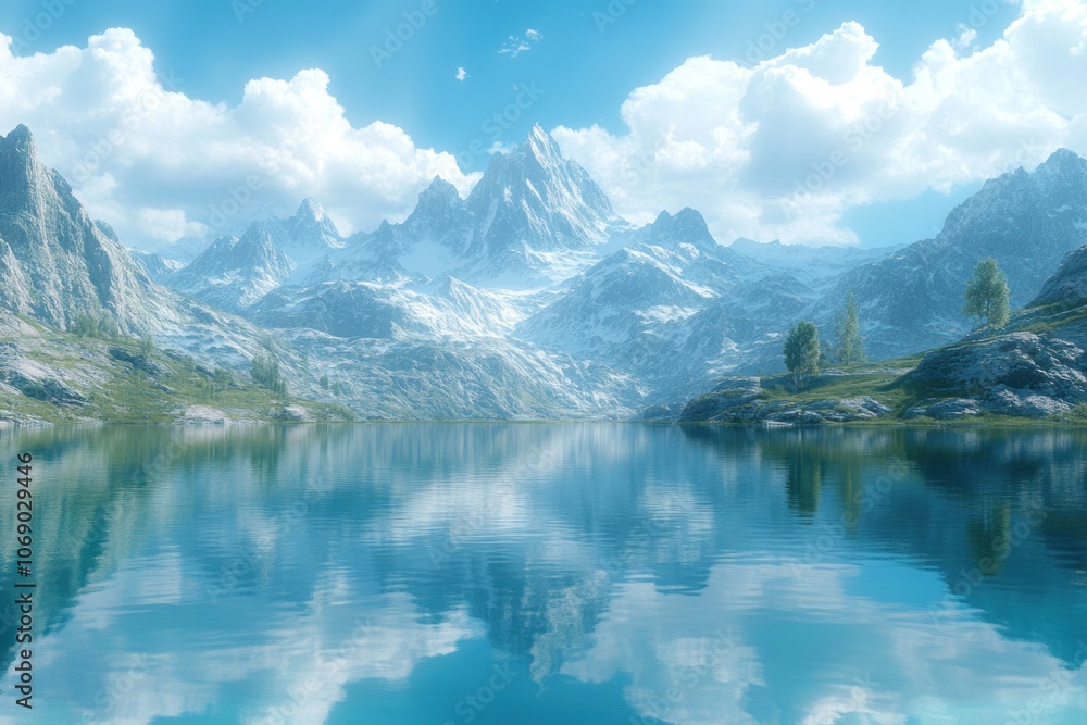 Naklejka premium A serene mountain lake with snow-capped peaks reflecting in the clear blue water, surrounded by green grass and a few trees.