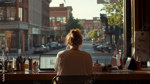 A person working at desk by large window, overlooking bustling street. warm sunlight creates cozy atmosphere, enhancing focus on productivity and creativity