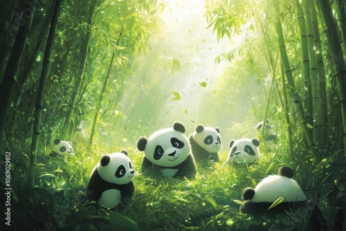 A group of adorable panda bears gather together in a lush bamboo forest, bathed in warm sunlight. photo