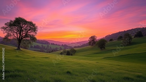 A serene landscape featuring rolling hill, a solitary tree, and a vibrant sunset sky.