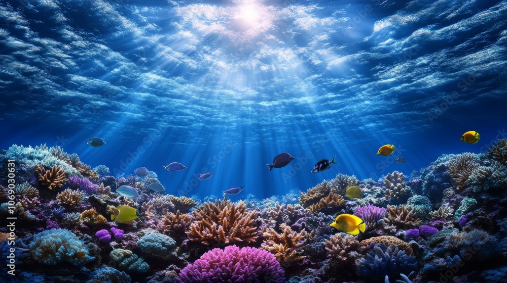 Naklejka premium Vibrant Coral Reef Underwater Scene Tropical Fish Sunbeams Ocean Life