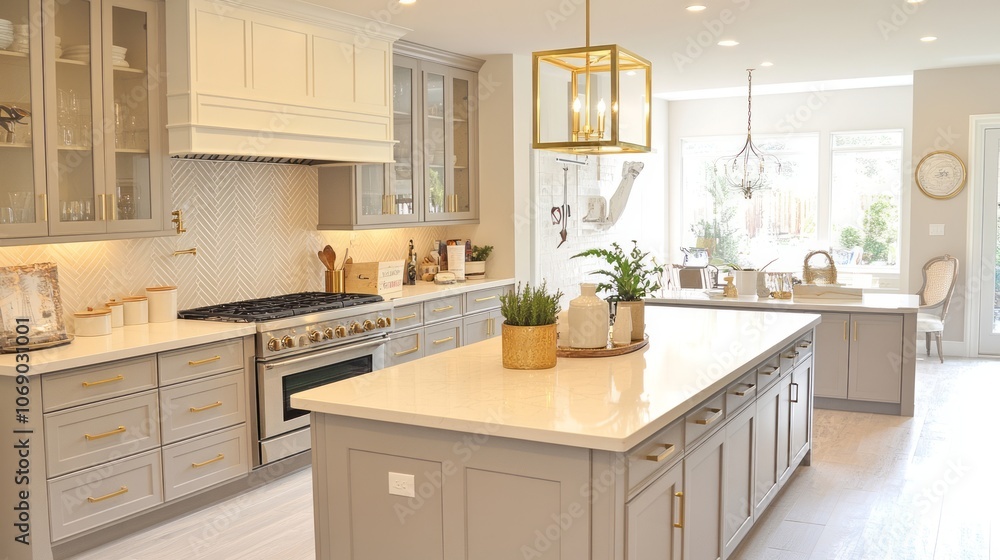 Modern Kitchen Island with White Quartz Countertops and Gold Accents Modern Kitchen Island with White Quartz Countertops and Gold Accents