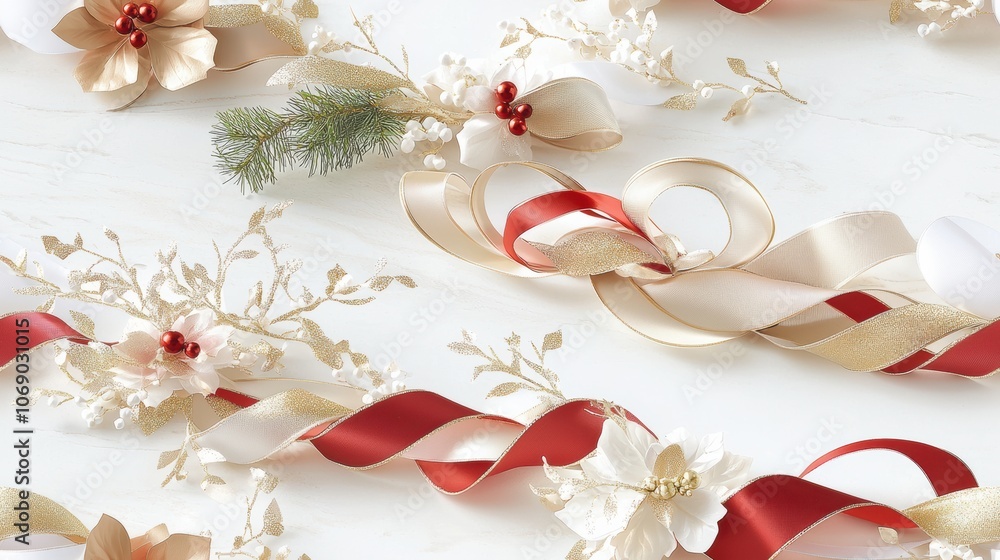 Red and gold ribbons, floral accents, and sprigs on a white surface Red and gold ribbons, floral accents, and sprigs on a white surface
