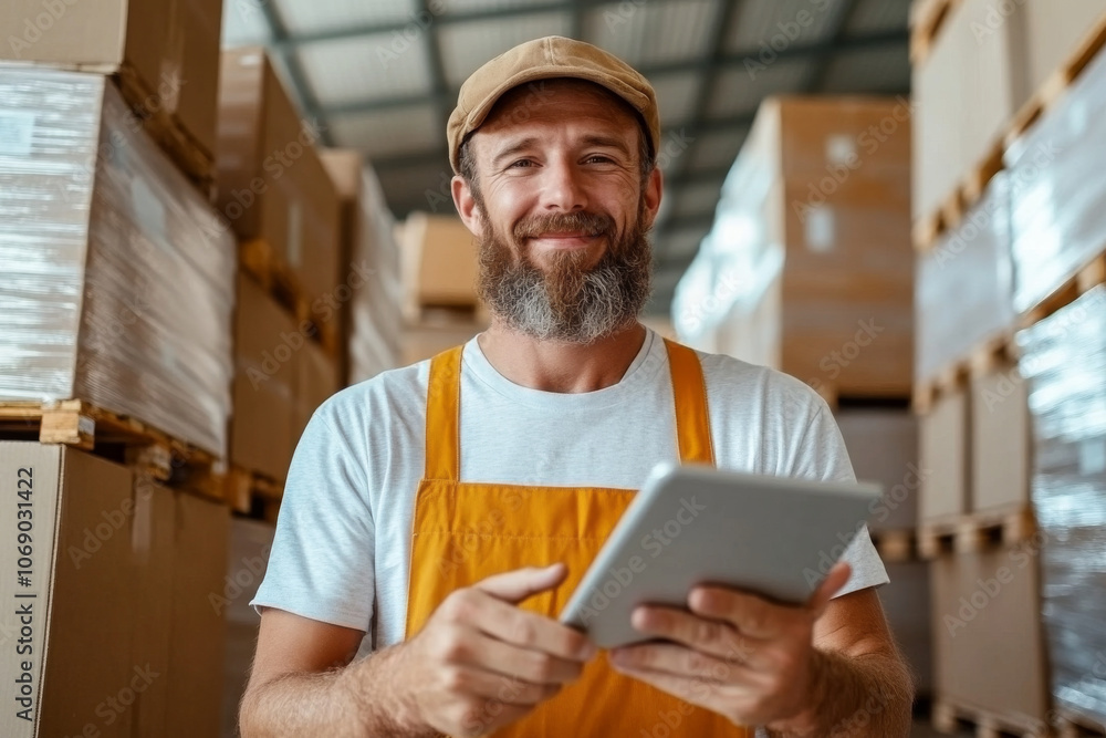 Efficient warehouse worker smiling while using tablet in storage area filled with boxes. His friendly demeanor reflects positive work environment Efficient warehouse worker smiling while using tablet in storage area filled with boxes. His friendly demeanor reflects positive work environment