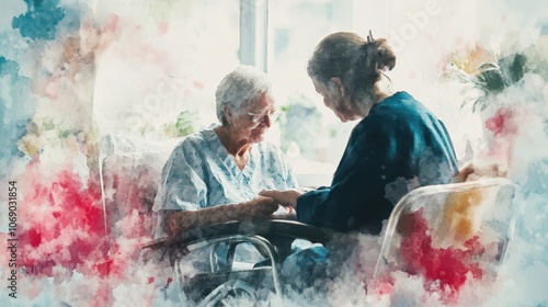 Senior patient with caregiver support in a nursing home, watercolor brushstrokes capturing the care and connection in the interaction