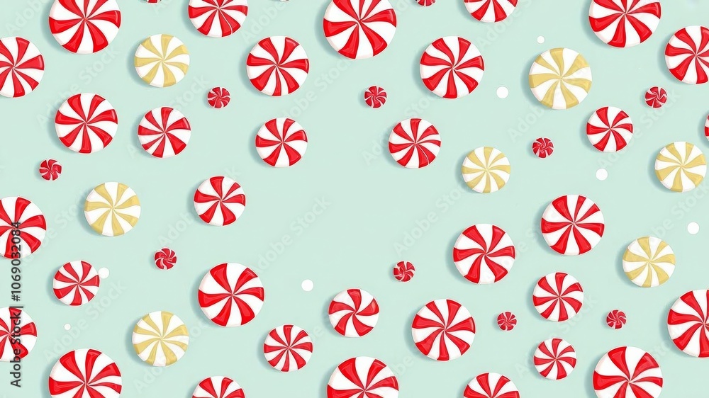 Peppermint candies arranged on a vibrant red background, festive, snack Peppermint candies arranged on a vibrant red background, festive, snack