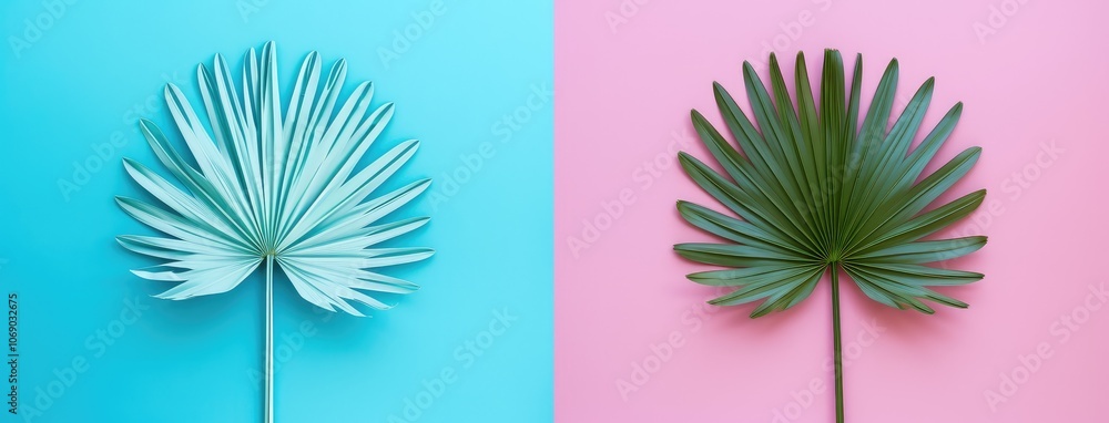 Two Tropical Leaves on Dual-Tone Backdrop Two Tropical Leaves on Dual-Tone Backdrop