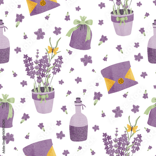 Provence lavender bouquet and rustic bottles pattern