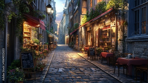 A cobblestone alley with cafes