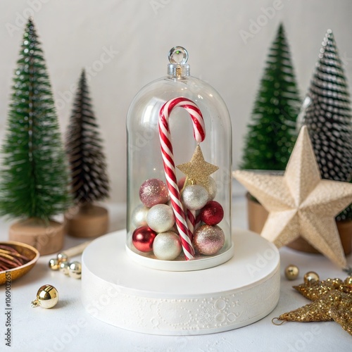 A candy cane inside a glass cage displayed with few sparkling baubles, a star and christmas trees. Blank space on the white podium to show your product photo