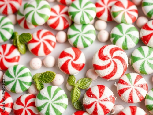 Peppermint candies on a vibrant red background, winter, background