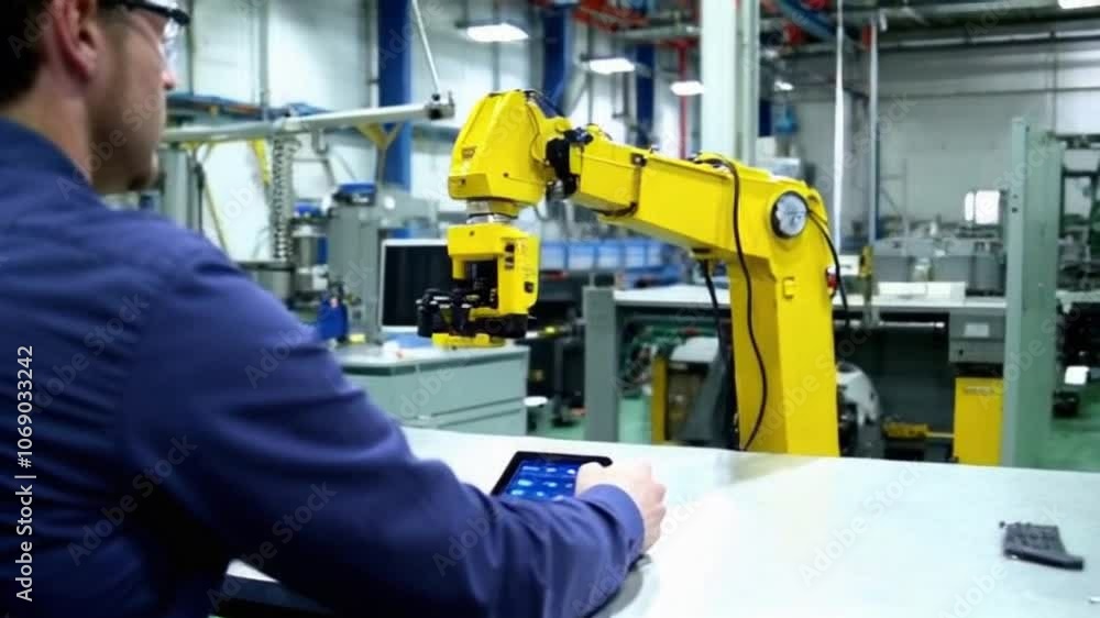 A person controlling a robotic arm remotely, while sitting at a desk in an industrial environment A person controlling a robotic arm remotely, while sitting at a desk in an industrial environment