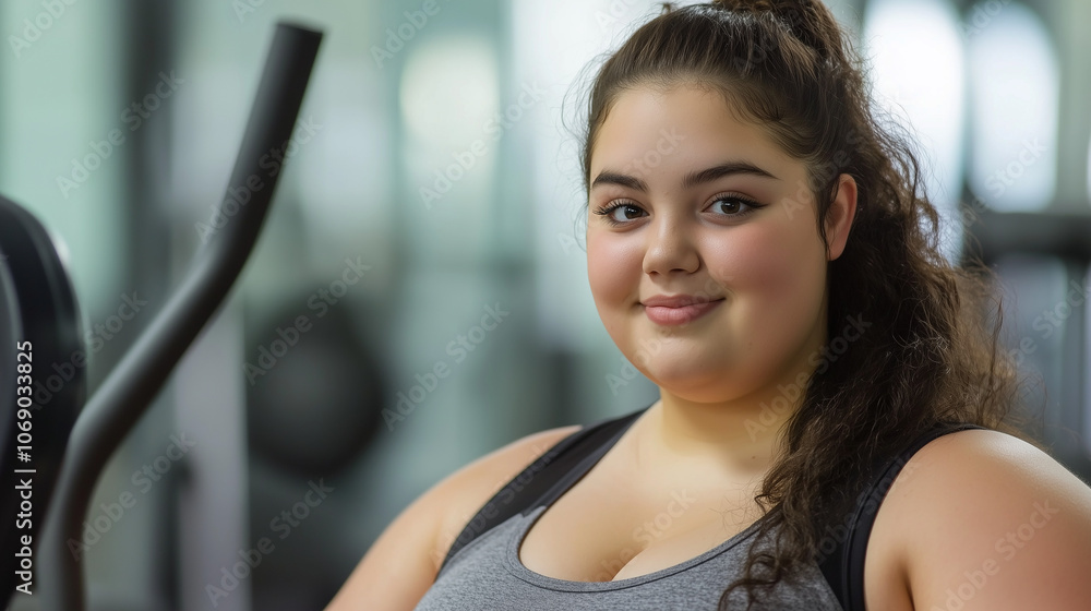 Naklejka premium Młoda kobieta, mająca okrągłe kształty, z zapałem ćwiczy w siłowni. Jej radosna postawa i zaangażowanie w trening emanują energią, inspirując innych do dbania o formę.