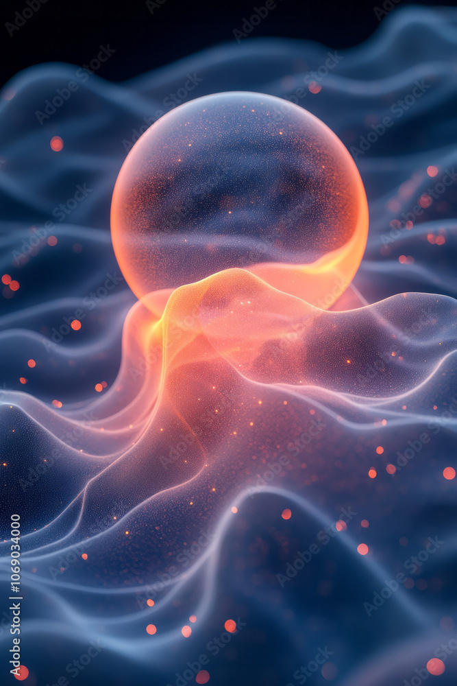 Fototapeta premium Glowing orb surrounded by undulating gradient waves, set against a dark background for an abstract feel,