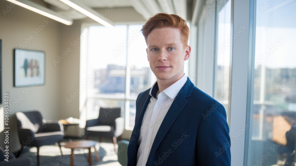 A young Caucasian male with red hair dressed in a formal suit stands confidently in a modern office setting, with natural light highlighting his features. A young Caucasian male with red hair dressed in a formal suit stands confidently in a modern office setting, with natural light highlighting his features.