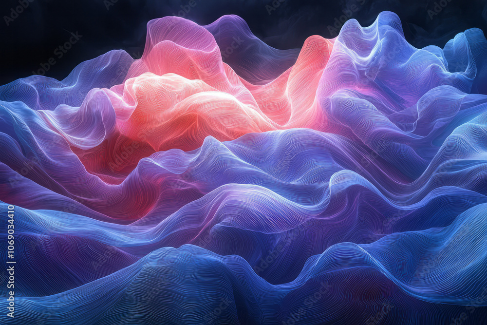 Fototapeta premium An abstract fluid shape with a smooth gradient blending blue and pink, creating a soft, ethereal glow,
