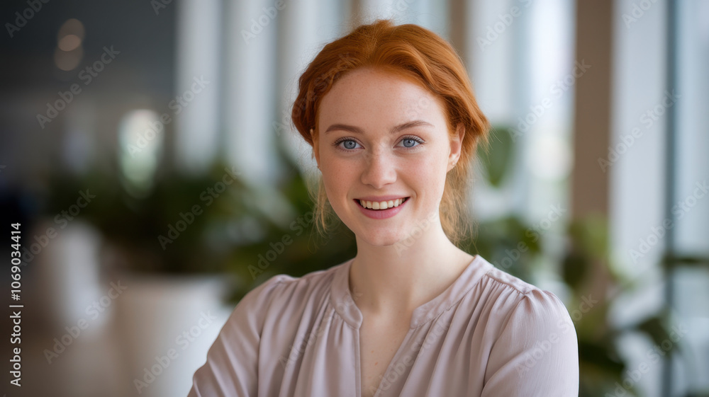 A smiling young Caucasian woman with red hair poses confidently indoors, surrounded by lush greenery, radiating warmth and positivity within a modern setting. A smiling young Caucasian woman with red hair poses confidently indoors, surrounded by lush greenery, radiating warmth and positivity within a modern setting.