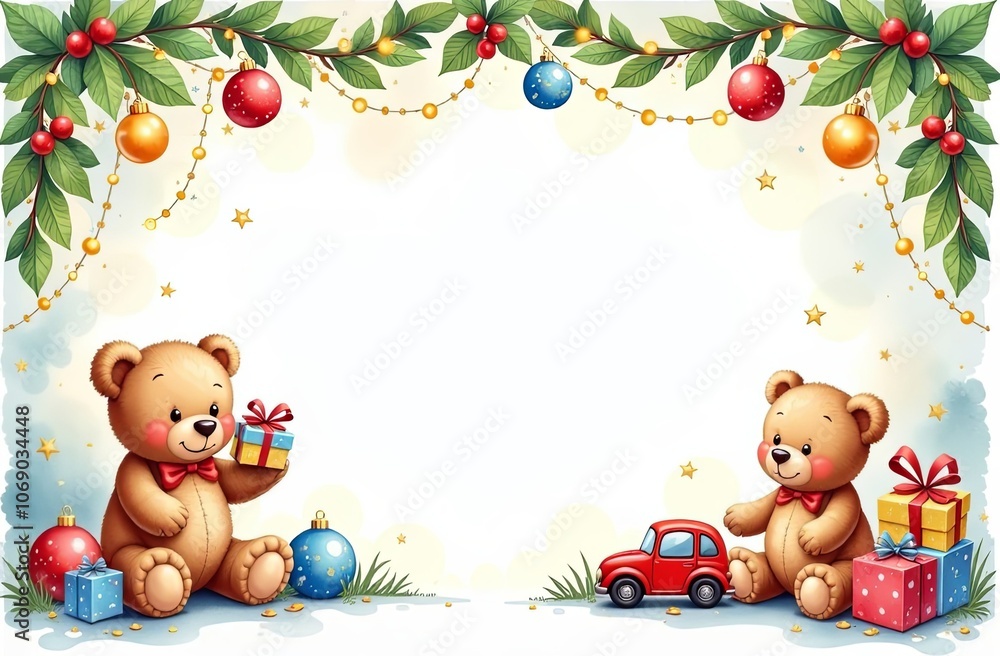 Obraz premium frame for text made from colourful kids toys, teddy bears, toy cars, balls, cubes, with golden garland lights, on white Christmas background, festive golden bokeh. Watercolor illustration