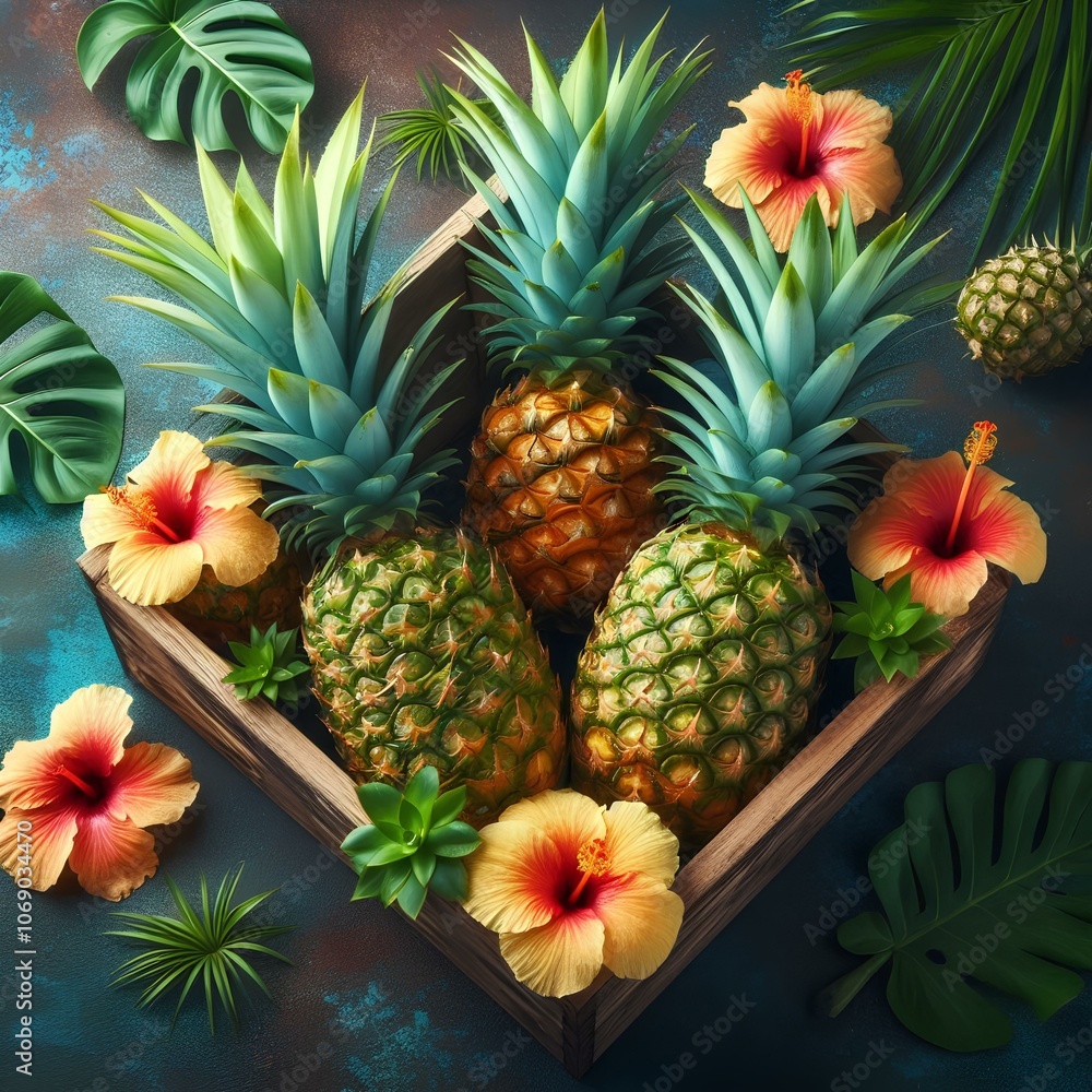 Fototapeta premium Tropical Pineapples in Wooden Box.