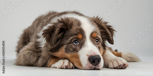 cute dog lying on white background, created by Generative AI