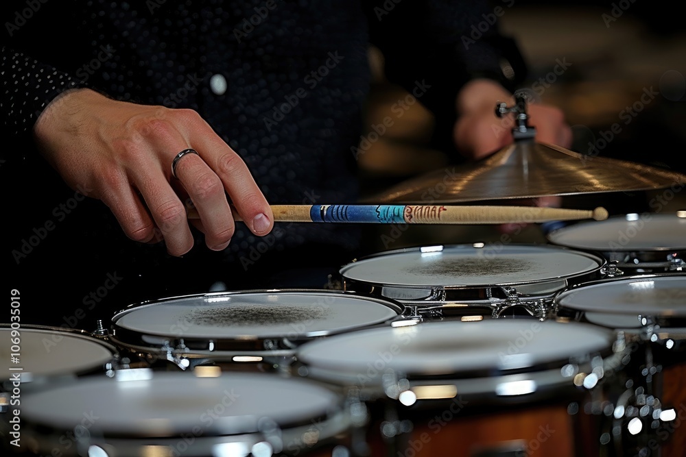 Close-up of a Drummer's Hand Holding a Drumstick Over a Drum Set Close-up of a Drummer's Hand Holding a Drumstick Over a Drum Set