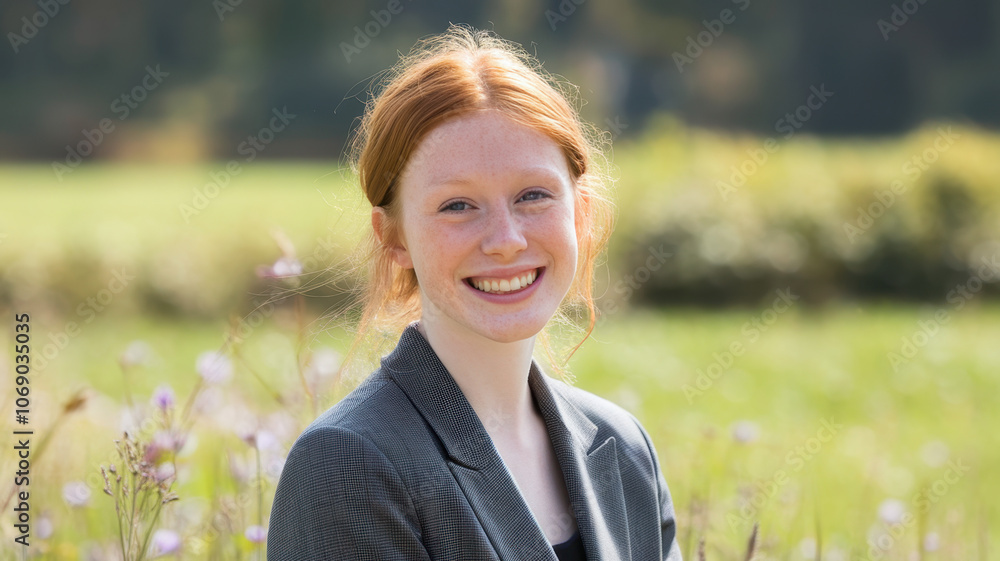 A young Caucasian female with red hair smiles brightly outdoors, wearing a gray blazer. The lush green field and wildflowers create a cheerful, vibrant atmosphere. A young Caucasian female with red hair smiles brightly outdoors, wearing a gray blazer. The lush green field and wildflowers create a cheerful, vibrant atmosphere.