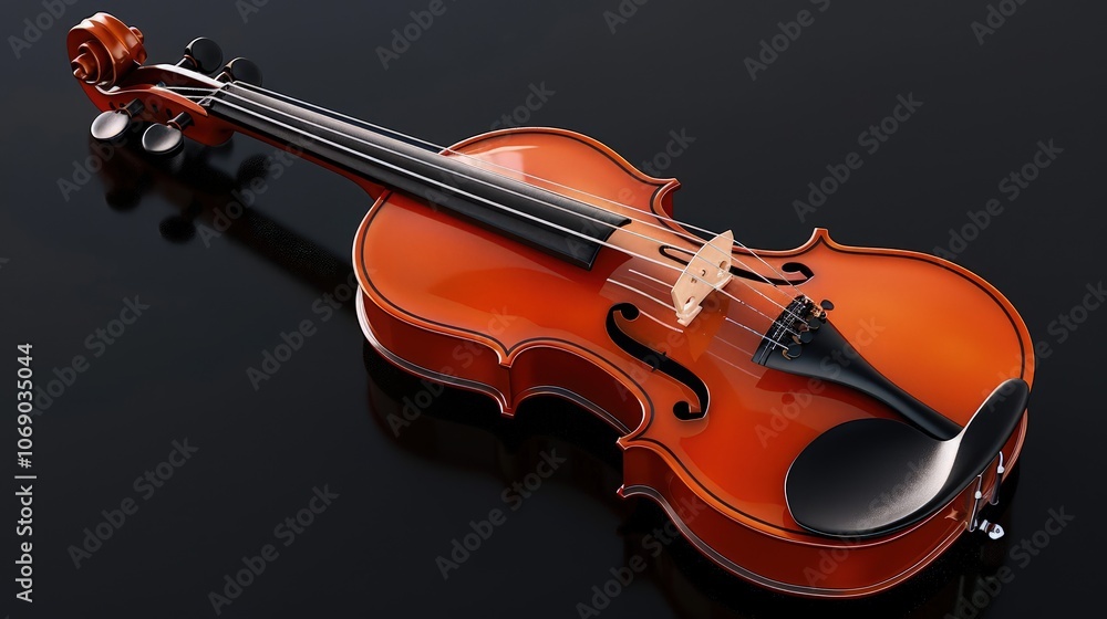 Fototapeta premium Capture a close-up shot of the violin's strings, scroll, and wood grain against a black background to highlight its fine details and elegant curves.