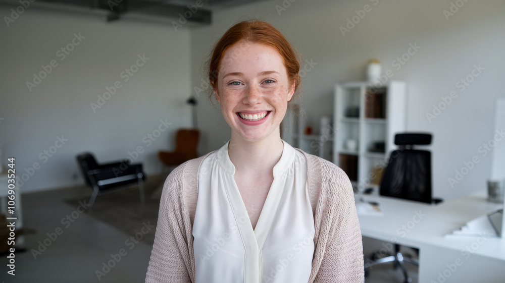 A cheerful young Caucasian woman with red hair and freckles smiles warmly in a modern office setting, exuding confidence and approachability. A cheerful young Caucasian woman with red hair and freckles smiles warmly in a modern office setting, exuding confidence and approachability.